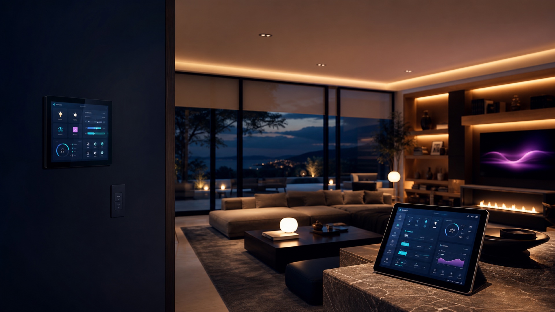 Modern smart home living room with connected controls