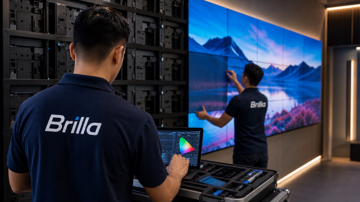 Technicians calibrating a modern video wall
